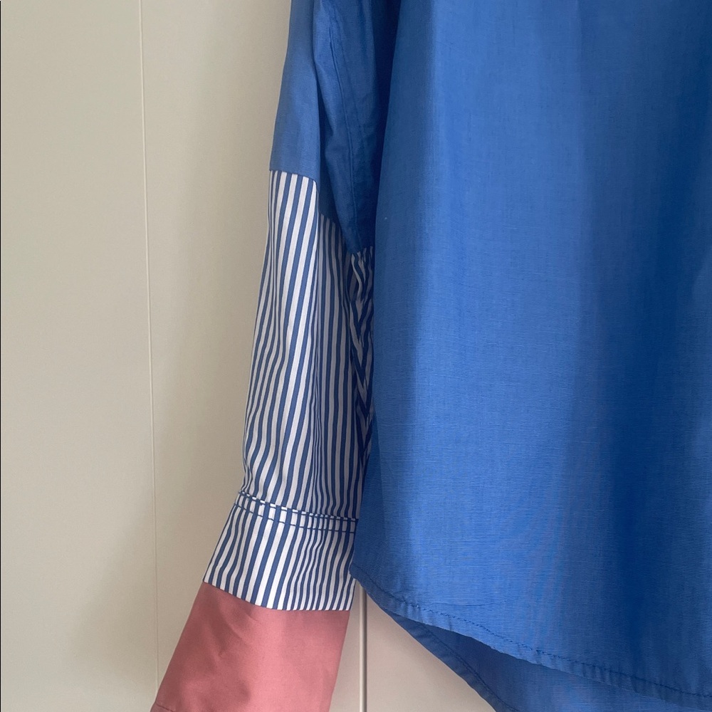 Tanya Taylor Blue Blouse with Pink and Striped Accents - Picture 4 of 5